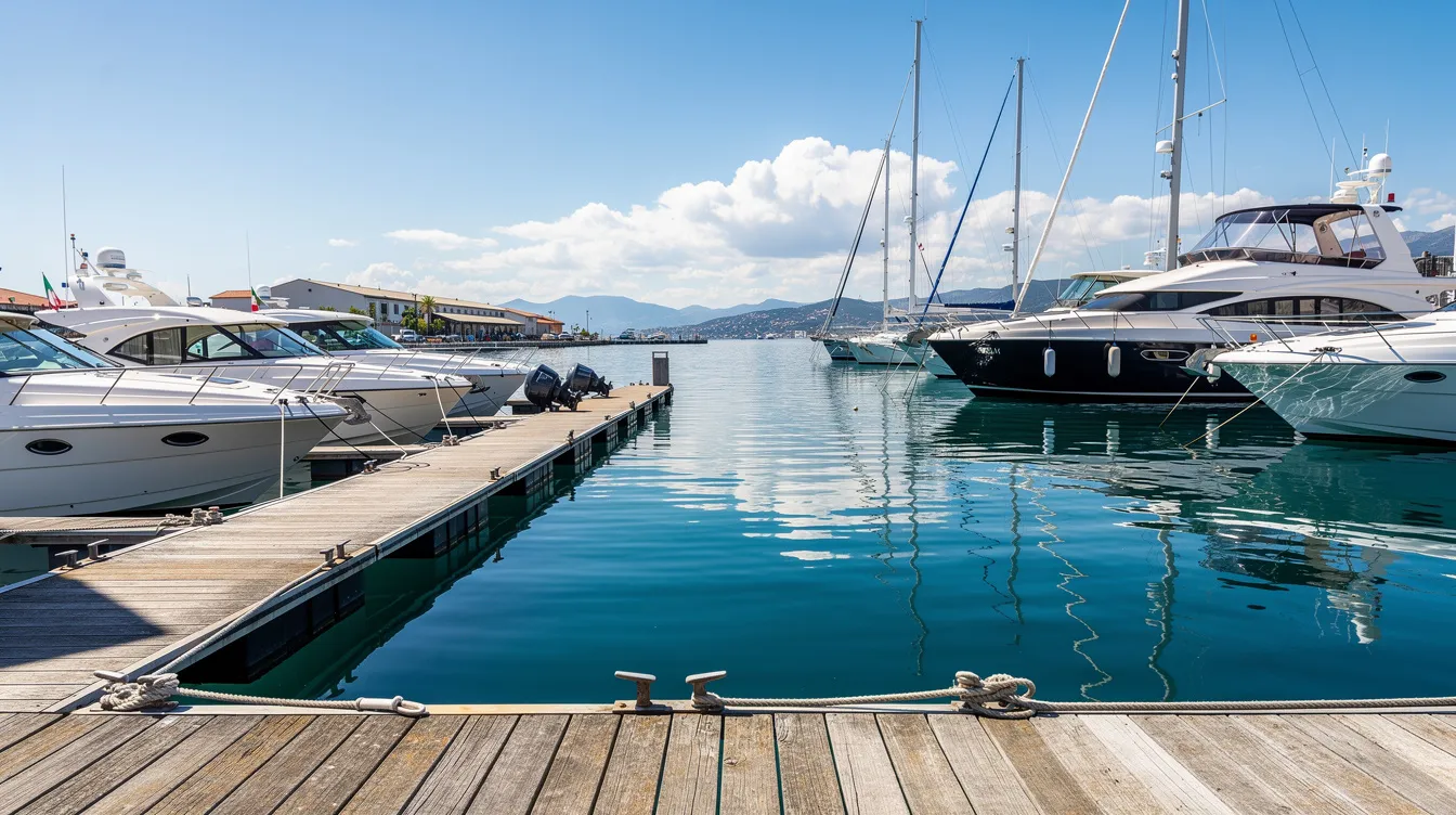 A vibrant marina on a sunny day showcases a variety of boats docked, including pontoon boats, powerboats, and luxurious yachts, perfect for family outings or fishing trips. Visitors can explore boat rentals and yacht charters at this popular Newport Beach location, offering great prices and numerous options for adventure on the water.
