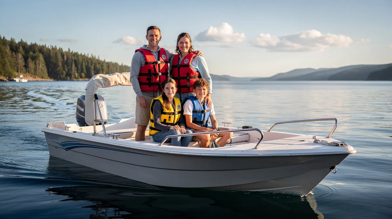 A family is enjoying a fun outing on a boat, all wearing life jackets, with a scenic water backdrop that enhances their adventure. This image captures the joy of boat rentals, perfect for family trips at locations like Newport Beach.